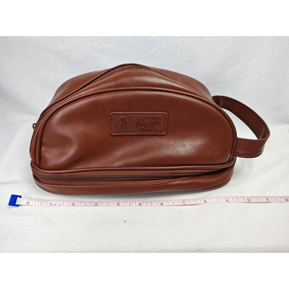 Original Penguin Men's Brown Toiletry Overnight Bag Travel Kit Zip Top & Bottom